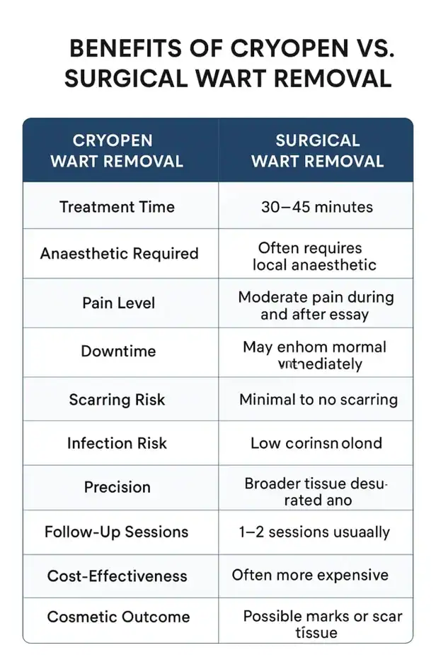 Table showing the benefits of cryopen to remove warts High Wycombe compared to surgical treatment